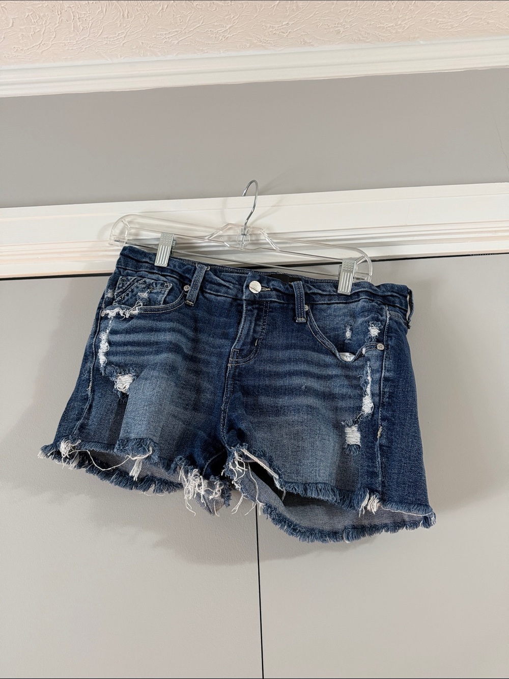 Buckle Dark Blue Distressed Denim Jean Shorts